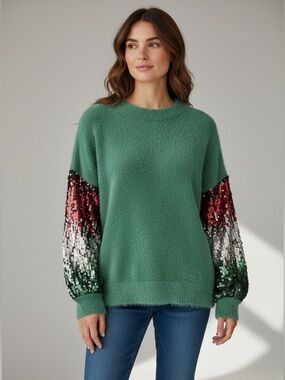 ANDTHEWHY ladies small/medium green crewneck, fun fuzzy sweater